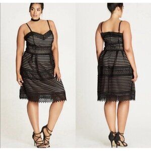City Chic Black Lace Overlay Nude Sleeveless Party Dress V Neck Plus Sz XS / 14